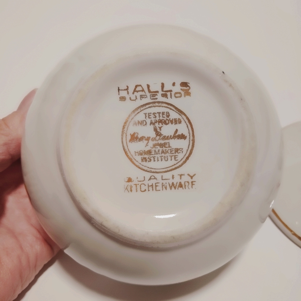 Hall's Superior Jewel Tea Autumn Leaf Drip Jar Bowl w/Lid Gilding Vtg Farmhouse - Picture 7 of 11